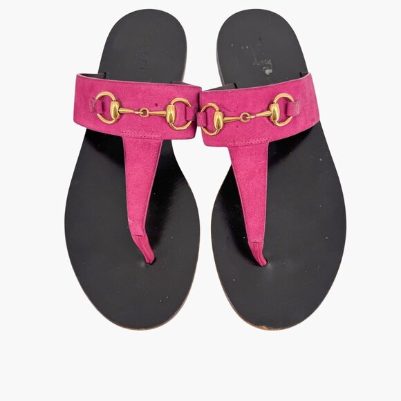 Gucci Horsebit T-Strap Flip Flop Thong Flat Sandal Pink Suede Size 38 US 8 Women - Picture 3 of 13